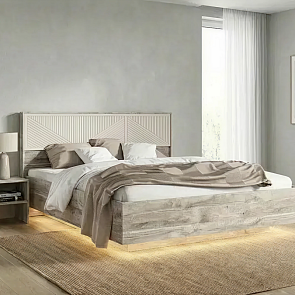 Кровать Сильвия с подсветкой без обивки кашемир/дуб юкон С П/М 1600x2000, ортопедическое основание, изголовье жесткое