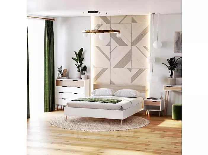 Кровать Соната без обивки белый фон/дуб сонома без подъёмного механизма 1600x2000, без ортопедического основания, изголовье жесткое