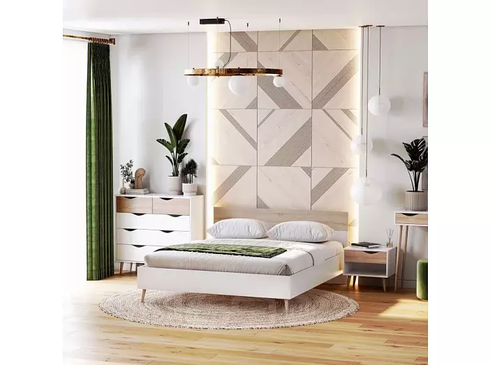 Кровать Соната без обивки белый фон/дуб сонома без подъёмного механизма 1800x2000, без ортопедического основания, изголовье жесткое