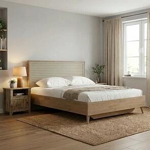 Кровать Гавана без обивки дуб натуральный светлый/светло-серый софт без подъёмного механизма 1600x2000, изголовье жесткое