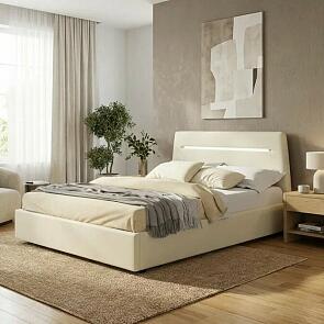 Кровать Neo велюр бежевый с подъемным механизмом 1600x2000, ортопедическое основание, изголовье мягкое