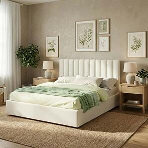 Кровать Olivia велюр бежевый без подъёмного механизма 1400x2000, изголовье мягкое