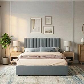 Кровать Olivia велюр серый без подъёмного механизма 1400x2000, изголовье мягкое