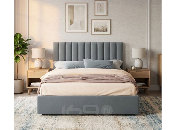 Кровать Olivia велюр серый без П/М 1400x2000, ортопедическое основание, изголовье мягкое