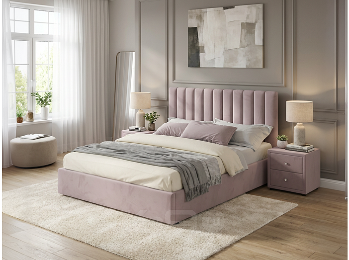 Кровать Olivia с тумбами велюр лиловый С П/М 1600x2000, ортопедическое основание, изголовье мягкое