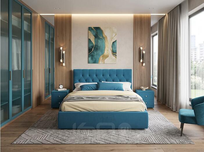 Кровать Verona с тумбами велюр синий С П/М 1600x2000, ортопедическое основание, изголовье мягкое