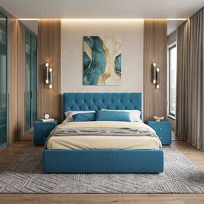 Кровать Verona с тумбами велюр синий С П/М 1600x2000, ортопедическое основание, изголовье мягкое