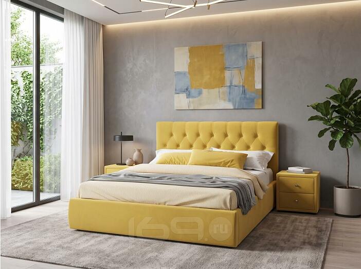 Кровать Verona с тумбами велюр жёлтый С П/М 1600x2000, ортопедическое основание, изголовье мягкое