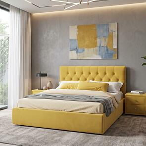 Кровать Verona с тумбами велюр желтый С П/М 1600x2000, ортопедическое основание, изголовье мягкое