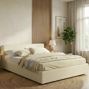 Кровать Skandi велюр бежевый с подъемным механизмом 1600x2000, ортопедическое основание, изголовье мягкое