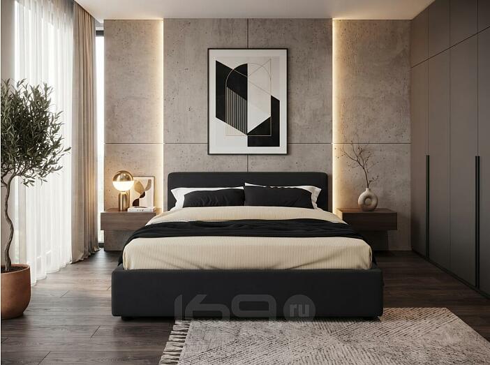 Кровать Skandi велюр черный С П/М 1600x2000, ортопедическое основание, изголовье мягкое