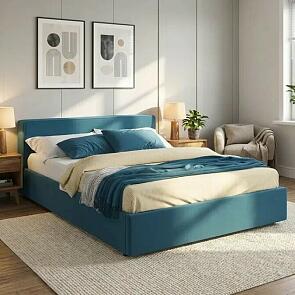 Кровать Skandi велюр синий с подъемным механизмом 1600x2000, ортопедическое основание, изголовье мягкое