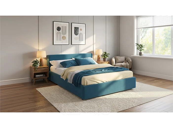 Кровать Skandi велюр синий С П/М 1600x2000, ортопедическое основание, изголовье мягкое