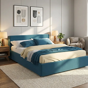 Кровать Skandi велюр синий С П/М 1600x2000, ортопедическое основание, изголовье мягкое