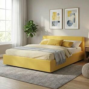 Кровать Skandi велюр желтый с подъемным механизмом 1600x2000, ортопедическое основание, изголовье мягкое