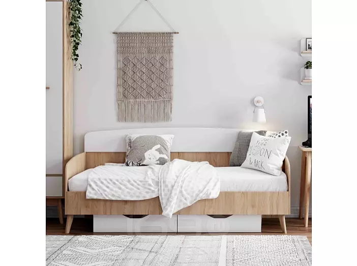 Кровать Калгари без обивки дуб натуральный светлый/белый матовый без подъёмного механизма 900x2000, изголовье жесткое