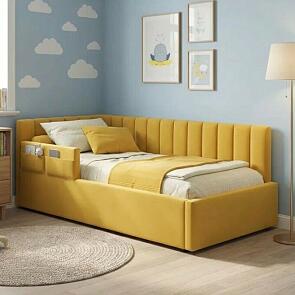 Кровать Milena велюр желтый без подъёмного механизма 900x2000, ортопедическое основание, изголовье мягкое