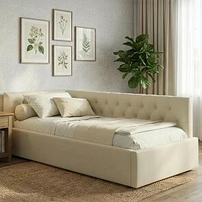 Кровать Afelia велюр бежевый без подъёмного механизма 900x2000, изголовье мягкое