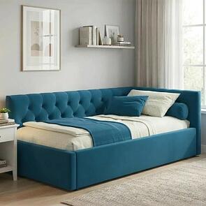 Кровать Afelia велюр синий без подъёмного механизма 900x2000, изголовье мягкое