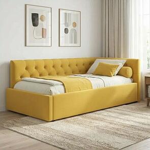 Кровать Afelia велюр желтый без подъёмного механизма 900x2000, изголовье мягкое