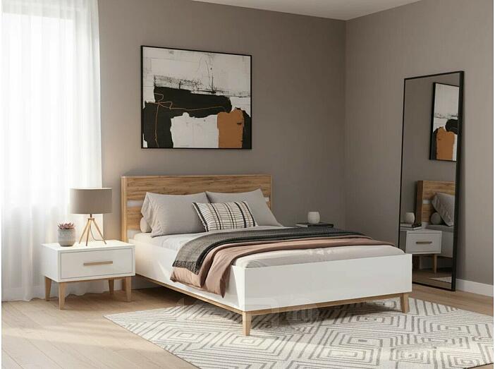 Кровать Кельн без обивки белый глянец/дуб крафт без П/М 1400x2000, без ортопедического основания, изголовье жесткое