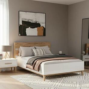 Кровать Кельн без обивки белый глянец/дуб крафт без П/М 1400x2000, без ортопедического основания, изголовье жесткое