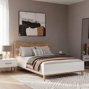 Кровать Кельн без обивки белый глянец/дуб крафт без П/М 1400x2000, без ортопедического основания, изголовье жесткое