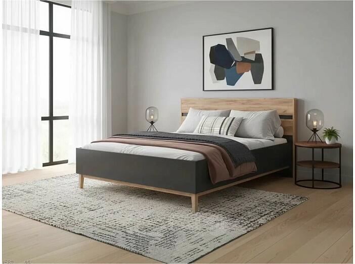 Кровать Кельн без обивки графит/дуб крафт без П/М 1400x2000, без ортопедического основания, изголовье жесткое