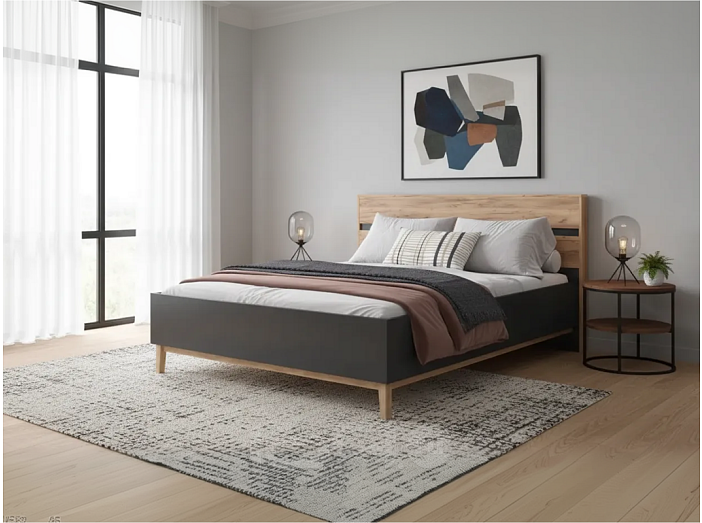 Кровать Кельн без обивки графит/дуб крафт без П/М 1400x2000, без ортопедического основания, изголовье жесткое