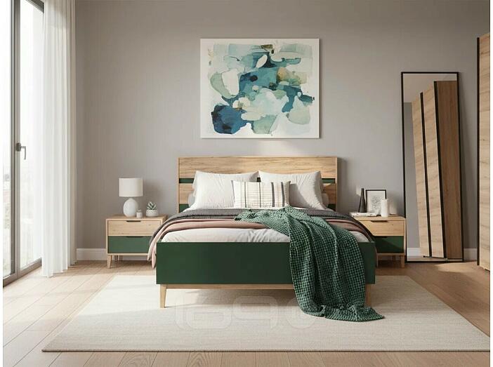 Кровать Кельн без обивки изумрудный/дуб крафт без П/М 1400x2000, без ортопедического основания, изголовье жесткое