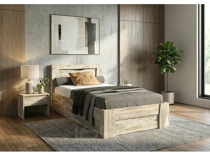 Кровать Ривьера без обивки дуб юкон/бетон темный без П/М 900x2000, изголовье жесткое