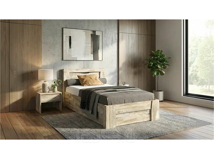 Кровать Ривьера без обивки дуб юкон/бетон темный без подъёмного механизма 900x2000, без ортопедического основания, изголовье жесткое