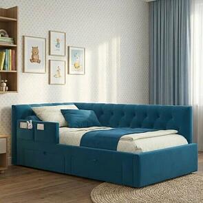 Кровать Afelia велюр синий без подъёмного механизма 900x2000, изголовье мягкое