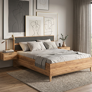 Кровать Марвэл Д без обивки дуб крафт, браш графит без П/М 140x200, щит-основание, изголовье жесткое