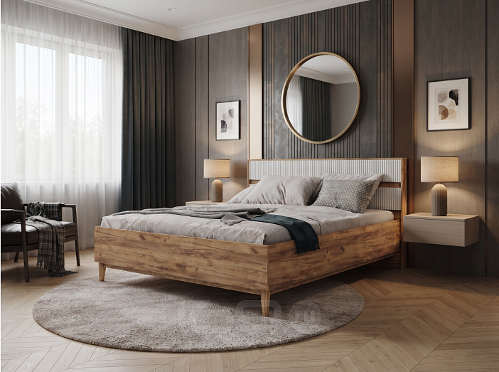 Кровать Марвэл без обивки дуб крафт, браш вайт без П/М 140x200, щит-основание, изголовье жесткое