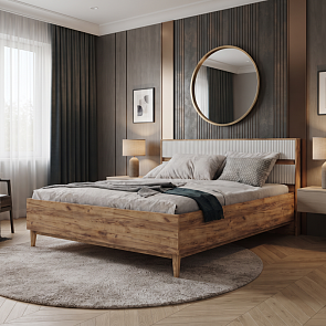 Кровать Марвэл Д без обивки дуб крафт, браш вайт без П/М 140x200, щит-основание, изголовье жесткое