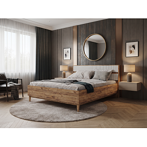 Кровать Марвэл без обивки дуб крафт, браш вайт без П/М 140x200, щит-основание, изголовье жесткое