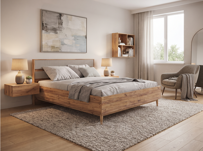 Кровать Марвэл без обивки дуб крафт, кашемир без П/М 140x200, щит-основание, изголовье жесткое