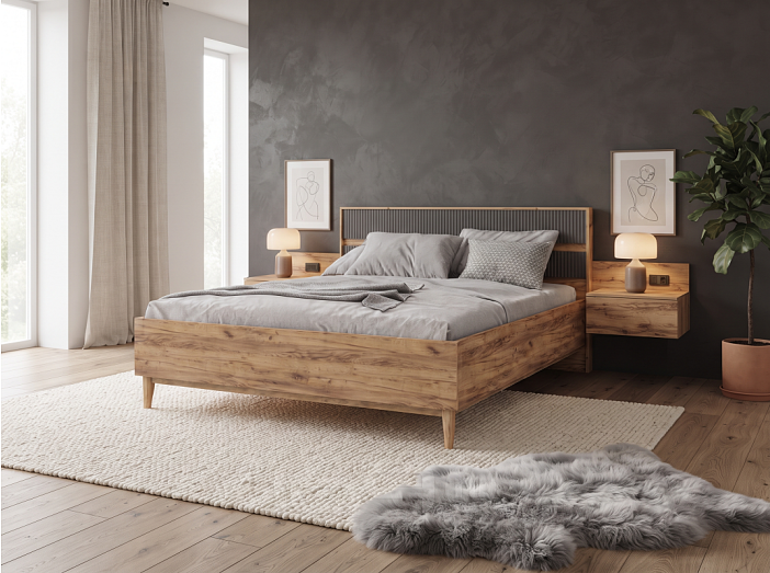 Кровать Марвэл без обивки дуб крафт, браш графит без П/М 160x200, щит-основание, изголовье жесткое
