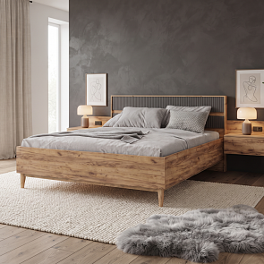 Кровать Марвэл Д без обивки дуб крафт, браш графит без П/М 160x200, щит-основание, изголовье жесткое