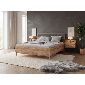 Кровать Марвэл без обивки дуб крафт, браш графит без П/М 160x200, щит-основание, изголовье жесткое