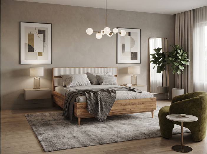 Кровать Марвэл без обивки дуб крафт, браш вайт без П/М 160x200, щит-основание, изголовье жесткое