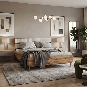 Кровать Марвэл Д без обивки дуб крафт, браш вайт без П/М 160x200, щит-основание, изголовье жесткое
