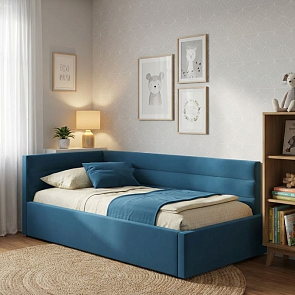 Кровать Aura велюр синий С П/М 1200x2000, ортопедическое основание, изголовье мягкое