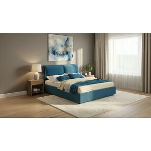 Кровать Vita велюр синий с подъемным механизмом 1400x2000, ортопедическое основание, изголовье мягкое