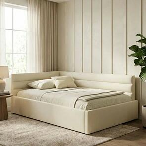 Кровать Aura велюр бежевый с подъемным механизмом 1200x2000, ортопедическое основание, изголовье мягкое