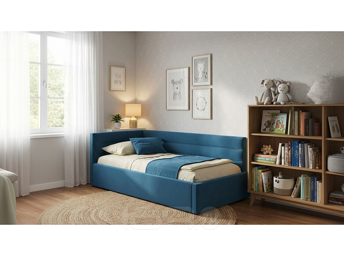 Кровать Aura велюр синий С П/М 1200x2000, ортопедическое основание, изголовье мягкое