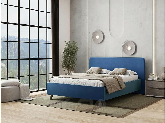 Кровать Ванесса с матрасом велюр синий без П/М 1600x2000, щит-основание, изголовье мягкое