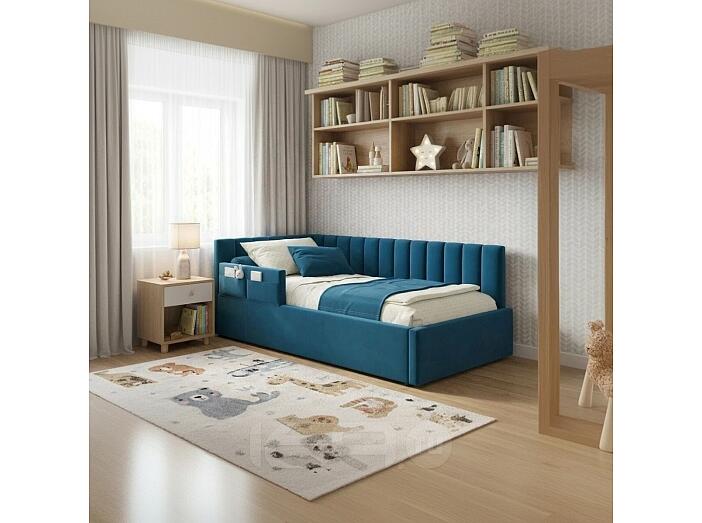 Кровать Milena с матрасом велюр синий без П/М 900x2000, ортопедическое основание, изголовье мягкое