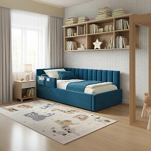 Кровать Milena с матрасом велюр синий без П/М 900x2000, ортопедическое основание, изголовье мягкое